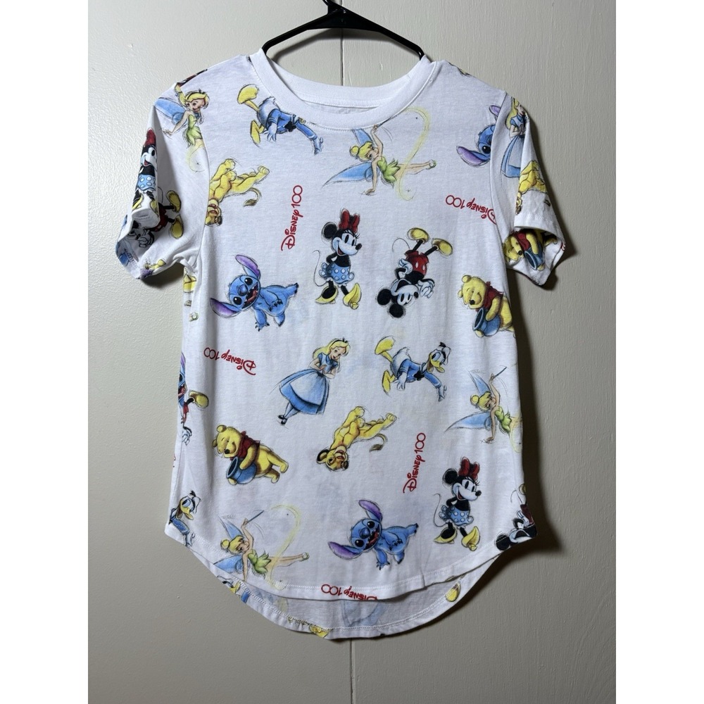 Disney 100 Character Print Tee S Mickey Minnie Stitch Simba Alice Winnie Tinker